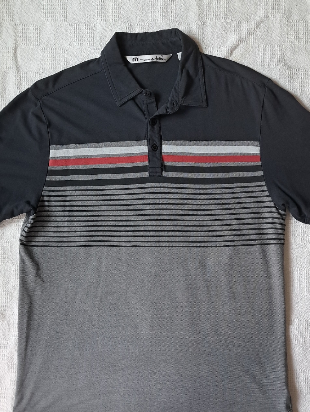 Travis Mathew Black & Gray Striped Polo with Red Accent